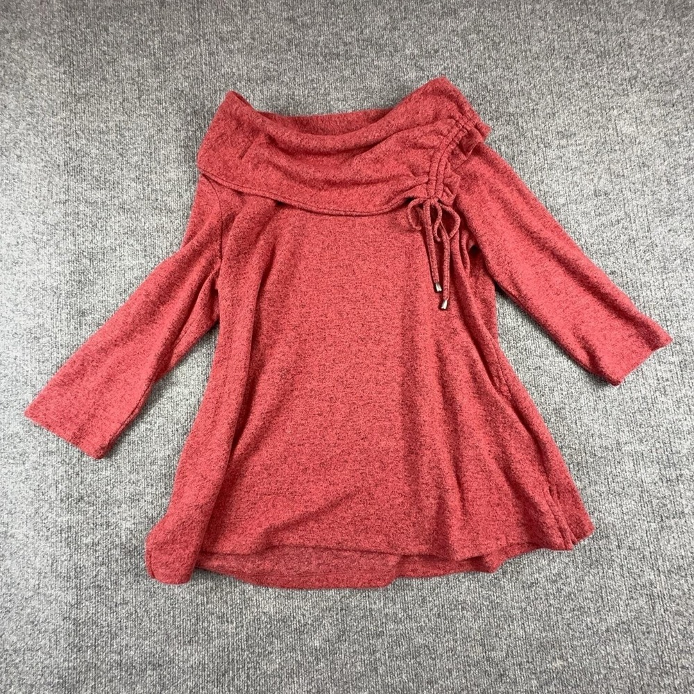 Ruby Rd. Blouse Womens Large Red Cowl Neck 3/4 Sleeve Heathered Knit Tunic Top